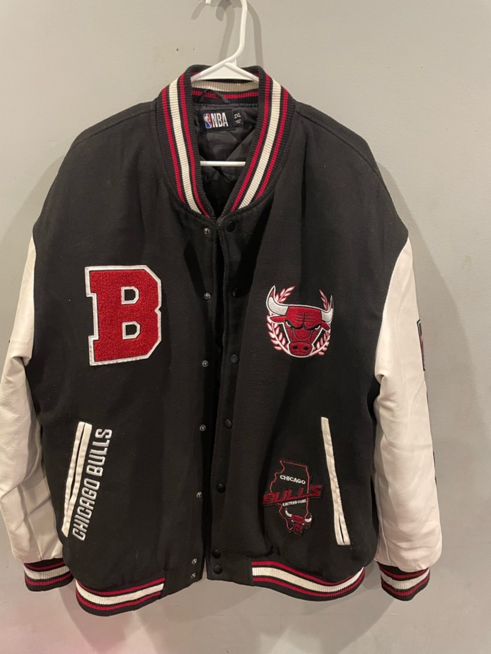 NBA Chicago Bulls Black & White Letterman Varsity Jacket with Red Accents